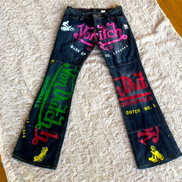Von Dutch Denim - RELIST & SOLD 😃Von Dutch Colored LOGO Jeans Pink Green Motorcyles & Race Cars